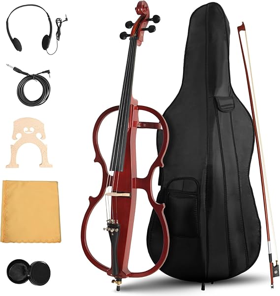 Electric Cello, 4/4 Full Size Silent Cello with Headphone Jack & Carry Bag, Professional Cello for Beginners/Adults