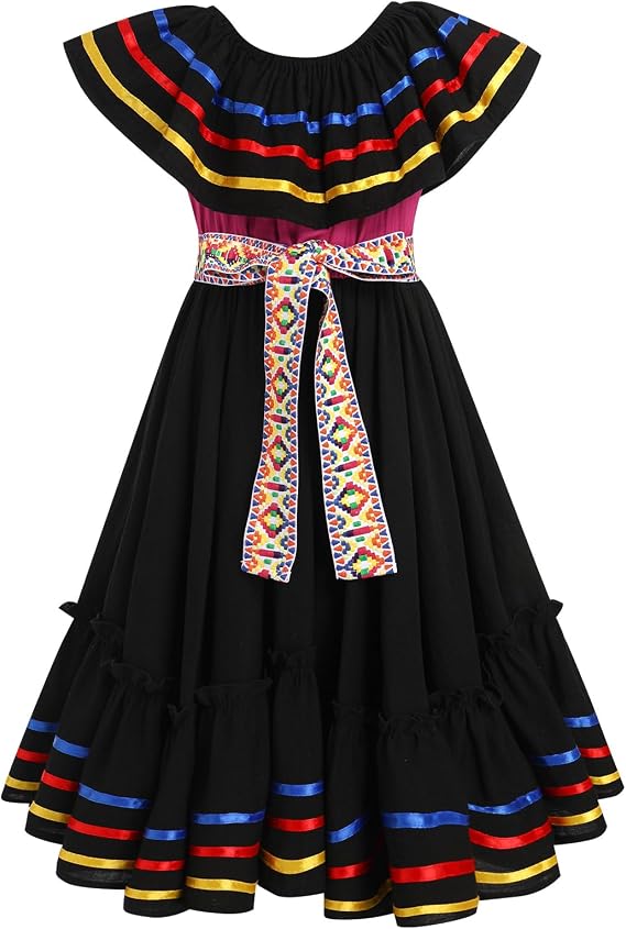 Kids Girls Cinco De Mayo Fiesta Mexican Traditional Folk Ruffle Drape Dress with Belt