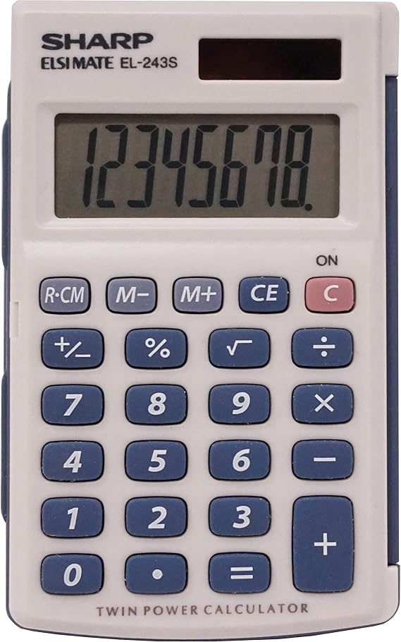 Sharp 8-Digit Pocket Calculator, LCD Display with Hinged Hard Cover, Dual-Power Handheld Simple Calculator, 2.5 x 4.5-Inches, Gray and Blue (EL-243SB)