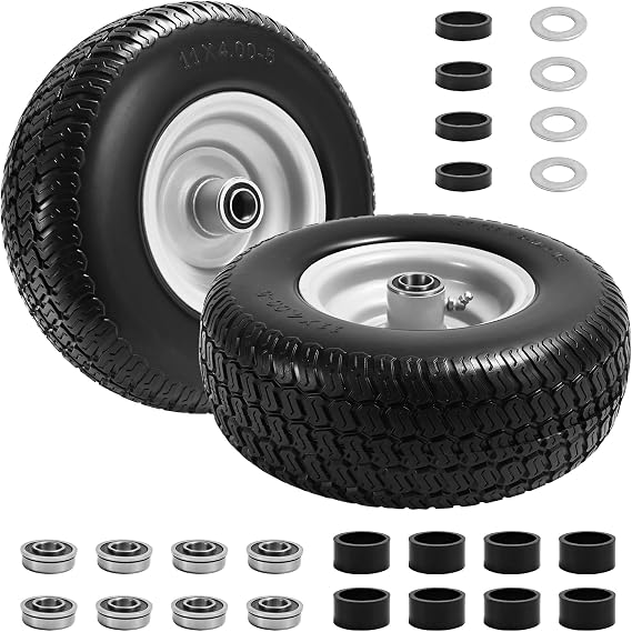 (2-Pack) 11x4.00-5 Flat-Free Lawn Mower Tires and Wheels, 3.4" Centered Hub, 3/4" & 5/8" & 1/2" Bushings, Zero Turn Front Replacement