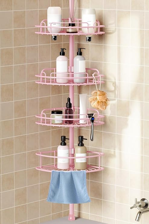 HAMITOR Corner Shower Caddy Tension Pole: 4-Tier Bathroom Organizer Pink