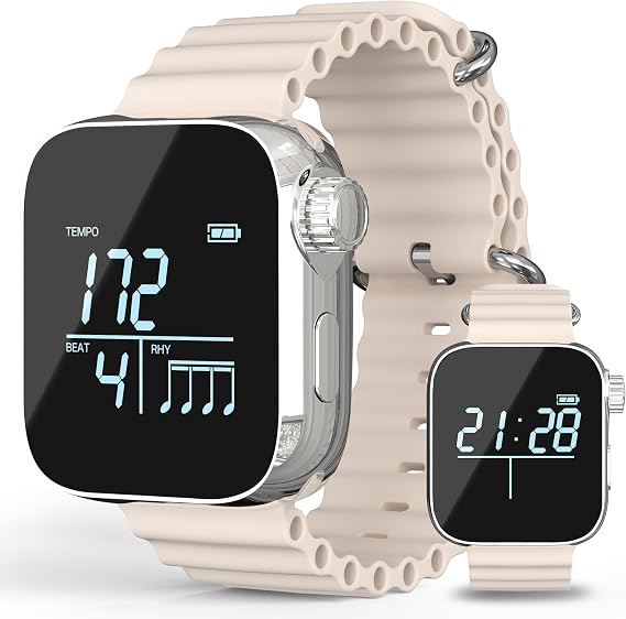 Smart Vibrating Metronome Watch, App-Controlled Multi-Mode Wearable Tempo Trainer, Rechargeable Wearable Metronome, Strong Haptic Feedback Feel the Beat for Instrument Practice and Running (White)