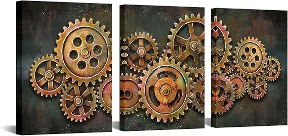 iHAPPYWALL 3 Pieces Abstract Gear Wheel Canvas Wall Art Industrial Steampunk Mechanical Picture Teamwork Gift for Bedroom Home Office Cafe Bar Decor Ready to Hang 16x12inchx3pcs