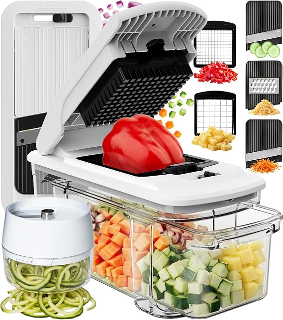 Fullstar XL Vegetable Chopper & Mandoline Slicer Vegetable, Onion, Potato, Food, Veggie & Fruit Slicer, Dicer & Spiralizer with Pull-Out Catch Tray, Kitchen Gadgets & Gifts 6 in 1, BlackWhite
