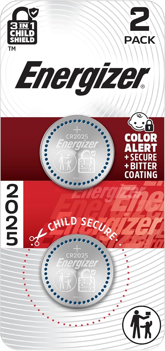 Energizer 2025 Batteries (2 Pack), 3V Lithium Coin Batteries With 3-in-1 Child Shield