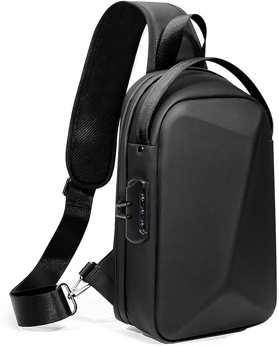 Anti-Theft Sling Crossbody Bag for Men Hard Shell Waterproof Chest Bag with USB Hole Combination Lock Shoulder Backpack for Travel Work Hiking Motorcycle