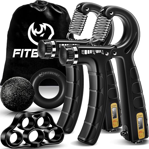 FitBeast Hand Grip Strengthener Workout Kit (5 Pack), 2 Forearm Grip Adjustable Resistance Hand Gripper, Finger Stretcher, Grip Trainer & Stress Relief Grip Ball for Athletes
