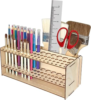 Wooden Paint Brush Holder with Glue 67 Hole and Large Tool Compartment Paint Brush Organizer Desk Paintbrush Holder Stand Wood Paintbrush Rack
