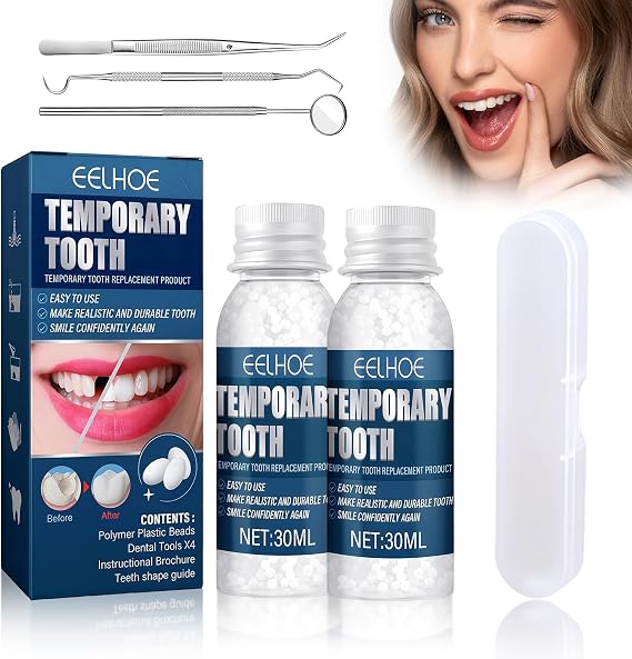 2Pcs Temporary Tooth Filling Repair Kit – Moldable False Teeth Replacement with Dental Repair Beads, Easy to Fix Missing/Broken Teeth, with 3 Types of Dental Mirror Tools (2 Box)