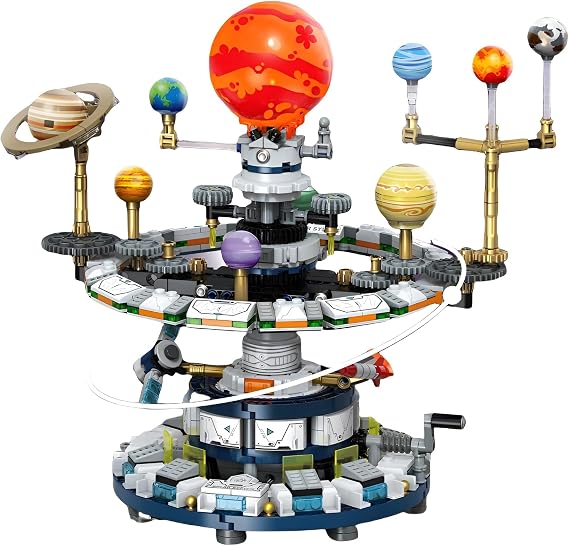 Solar System Micor Building Block Set 964PCS - Rotating Planetarium Model of Bricks Kit with Hand Crank, 9 Moving Planets with Rocket and Satellite, STEM Educational Toy, for Kid Adult