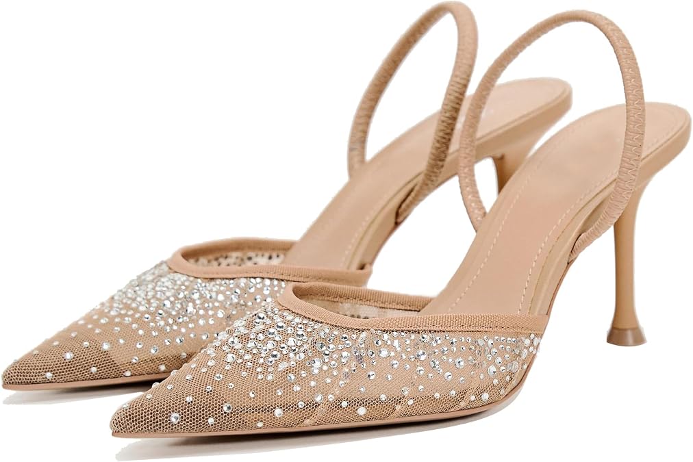 Pearl Kitten Heels for Women Pointed Toe Mesh Rhinestone Heeled Sandals Clear PVC Stiletto Mid Heel for Wedding Party Dress Bride Pumps Shoes