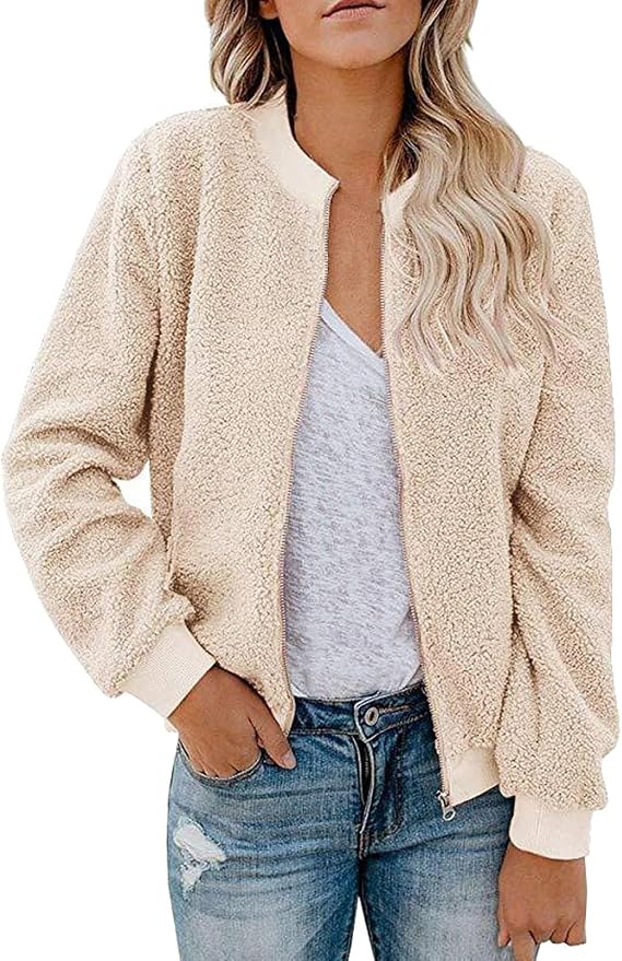 Xiaojmake Women's Fall Fleece Jackets 2026 Trendy Faux Sherpa Warm Winter Coat Casual Long Sleeve Zip Up Fuzzy Bomber Jackets