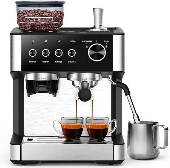 COWSAR Commercial Espresso Machine 15 Bar,Semi-Automatic Espresso Maker with 30-Position Grinder and Milk Frother Steam Wand for Latte/Cappuccino,77.8oz Removable Water Reservoir,Ideal for Home/Office