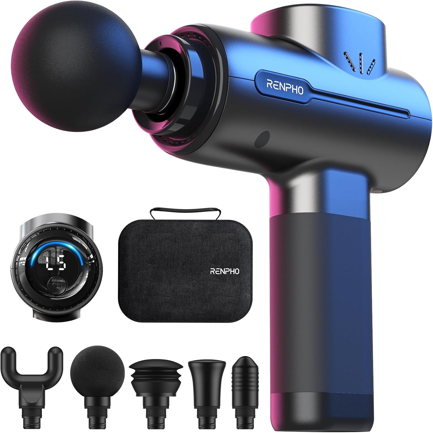 RENPHO Massage Gun Deep Tissue,Muscle Massage Gun with 5 Speeds 5 Massage Heads,10mm Amplitude Percussion Massager with Long Battery Life,for Gym Muscle Relaxation,Gifts for Women,Men,Black