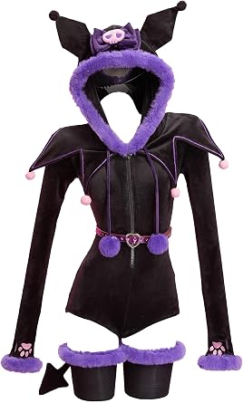 Mobbunny Women Anime Doll Derivative Onesie Pajamas Sexy Plush Hoodie Homewear Cute Romper with Tail and Belt