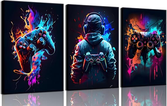 3Pcs Cool Gaming Wall Art Retro Video Game watercolor Posters Pictures Colorful Neon Gamepad Canvas Painting Prints for Boys Room Kids Game Room Accessories Bedroom Home Decoration Framed (Colorful,