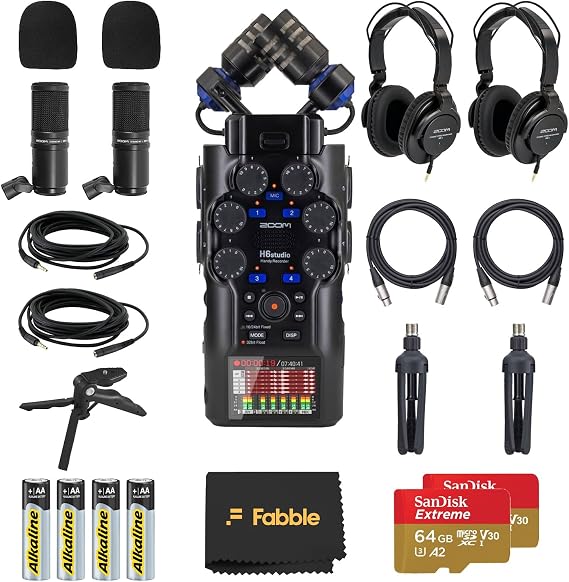 Zoom H6studio Handy Recorder Bundle with 2 ZDM-1 Podcast Mic Packs, Headphones, Tabletop Stands, XLR Cables, Windscreens, Memory Cards, Batteries, and Accessories