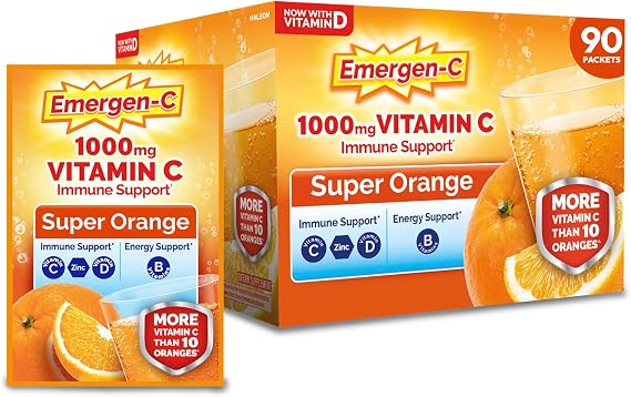 Emergen-C 1000mg Vitamin C Immune Support Powder, Super Orange, 90 ct | B Vitamins for Energy, Zinc and Manganese, Vitamin D, Electrolytes, 3 Month Supply, Natural Flavor