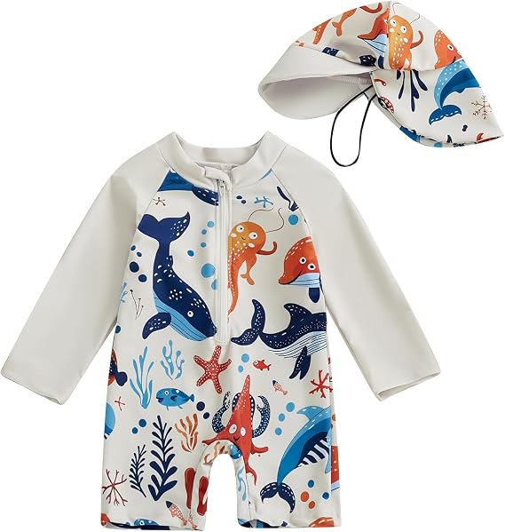Toddler Baby Boy Girls One Piece Swimsuit Long Sleeve Zipper Bathing Suit with Hat Infant Rash Guard Swimwear