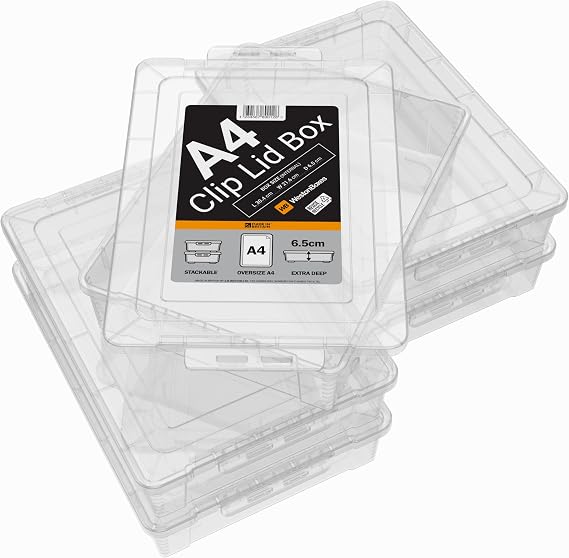 WestonBoxes A4 Oversize Clip Lid Storage Box, Clear Plastic - Stackable