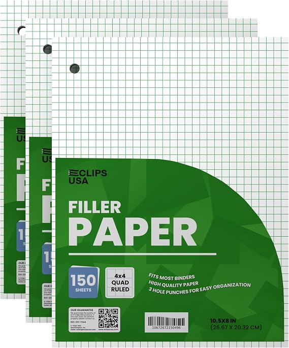 Graph Paper Loose Leaf Paper Quad Ruled Notebook Paper Quad Ruled 4 x 4 Square Lined Writing Filler Paper 10.5 x 8 450 Sheets 150 Sheets Per Pack 60 gsm (3 Pack)