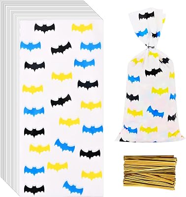 Lecpeting 100 Pcs Bat Treat Bags Bat Print Cellophane Candy Bags Hero Party Favor with Twist Ties for Kids Hero Theme Birthday Party Supplies