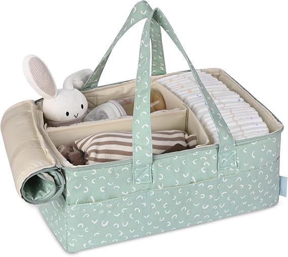 Diaper Caddy Organizer, Baby Basket for Baby Shower With Lid,Car Caddy for New Born,Portable and Foldable Baby Essentials with Handle/8 Side Pockets (cotton print)