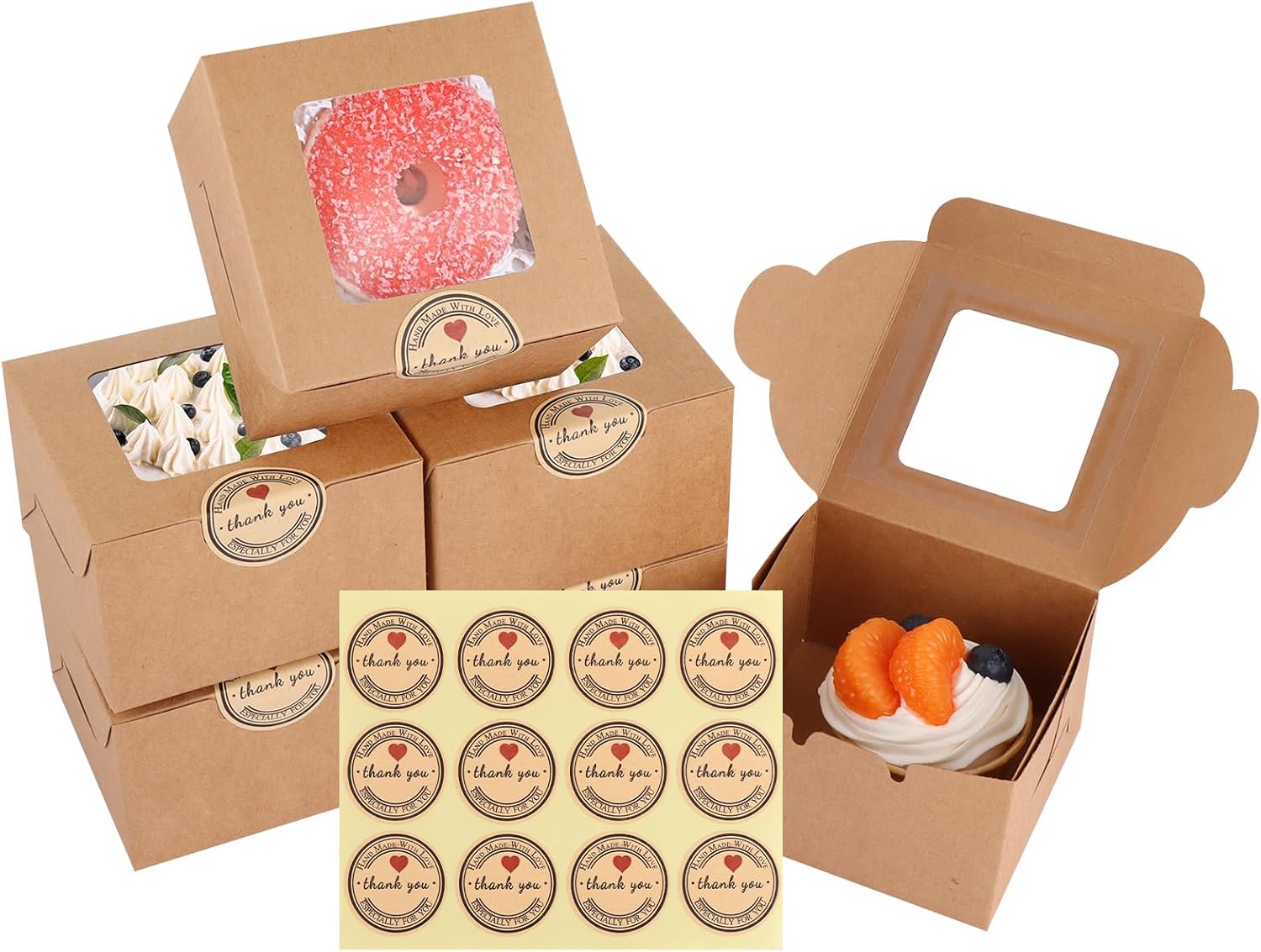ASelected 50 Pcs Cupcake Boxes 4 x 4 x 2.5 inch Small Bakery Pastry Cake Boxes with Windows Individual Paper Boxes With 5 Stickers for Cookies Muffins Cupcakes Desserts Pies Brown