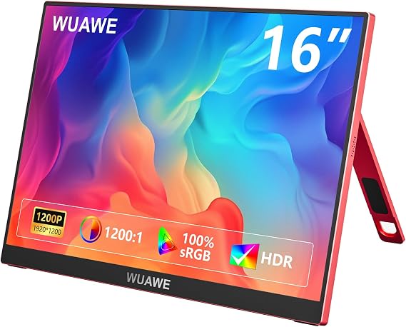 WUAWE Portable Monitor 16 inch Gift for Girls, 1920x1200P FHD 100% sRGB for Drawing & Design, USB C HDMI External Screen Ultra-Thin Metal for Laptop/Mac/Phone/Xbox/PS5(Red)