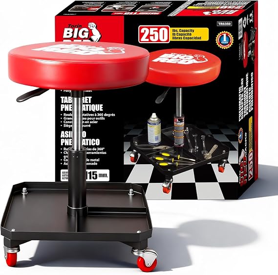 Big RED Rolling Mechanic Stool with Tool Tray, Pneumatic Garage Seat, Adjustable Height Form 17-22,Storage Workshop Chair for Auto Repair