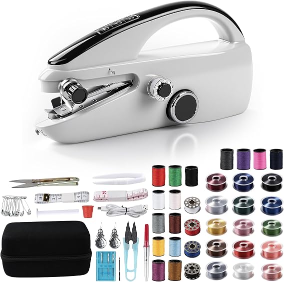 Portable Sewing Machine & Beginner Kit with Dual Power – Handheld Sewing Machine Set with Storage Box, 20 Threads, Needles, Scissors for Home Repairs & Crafts