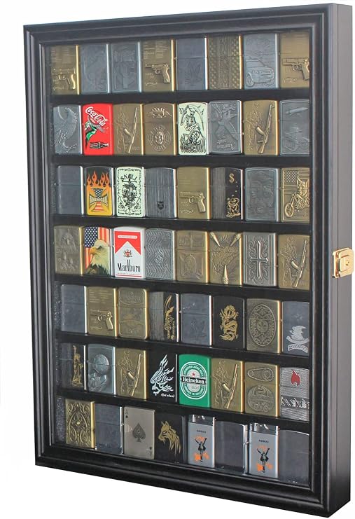 56 Lighters Display Case Cabinet Shadow Box Compatible with Zippo Lighers Sport Military Lighters Match Books Black Finish