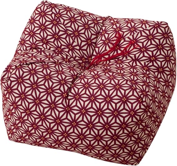 EMOOR Japanese Buckwheat Hulls Seiza Cushion Medium 9x9x5in Made in Japan (Hemp-Leaves Red), Natural Buckwheat Husks Sobagara Floor Sitting Pillow Tatami Cool Nap Side Sleepers