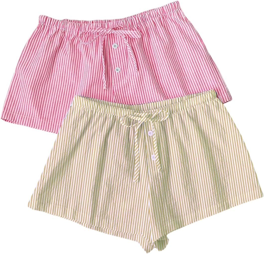 Womens 2 Packs Striped Linen Mini Shorts Drawstring Waist Button Front Lounge Shorts