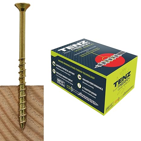 TENZ from PERRY Multi Purpose Wood Screws 4.0mm x 70mm Box of 200 Countersunk Pozi Drive Woodscrews Yellow Passivated with Stairs Thread Technology