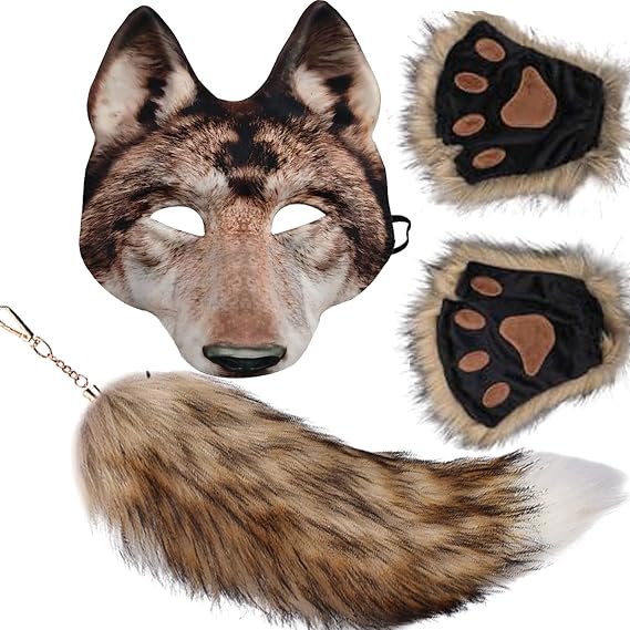 Valpeak Unleash Your Inner Wolf with Our Therian Wolf Mask, Tail, and Paw Set(brown wolf mask)