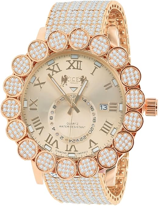 Roman Numbers Dial Face VVS1/D 23.33 Ctw. Simulated Diamond 14K Gold Finish 5 ATM Water Resistant 10 Row Band Micro Pave Cluster Flower Bezel Mens Watch Big 52mm W/Date Function