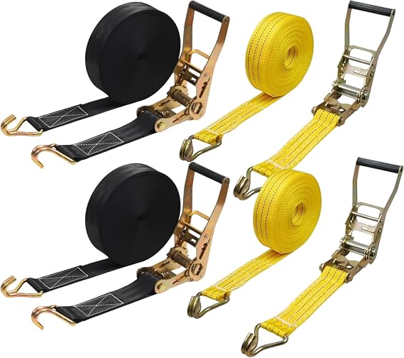 4 Pack Ratchet Straps Heavy Duty, 8000 LBS Ratchet Strap Tie Down, 2 x 27ft Yellow and Black Tie-Down Ratcheting Cargo Truck Straps with Durable Double J Hook for for Truck, Trailers, Car Roof