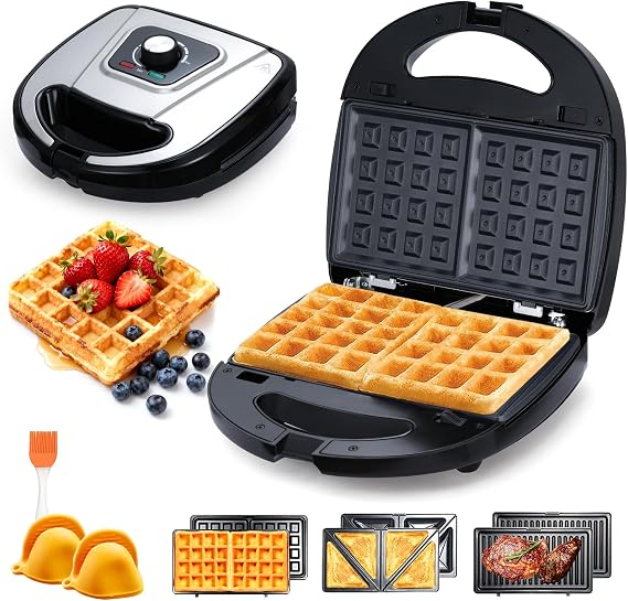 Sandwich Toaster, 3 IN 1 Deep Fill Waffle Maker Iron Electric, 750W Panini Presses Grill Snack Sandwich Maker Machine with Removable Non-Stick Plates for Desserts, Waffles, Sandwiches
