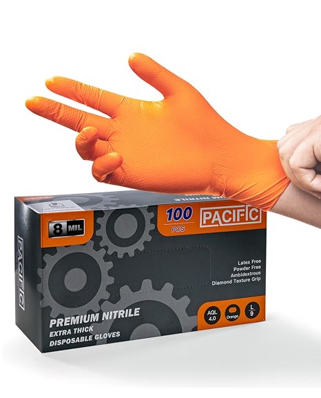 PACIFIC PPE 8-mil Disposable Nitrile Gloves, Diamond Grip, 100Pcs, Orange