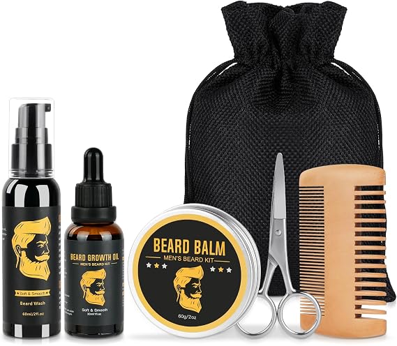Beard Growth Kit, Beard Grooming Kit with Beard Growth Oil,Beard Shampoo, Balm, Comb, Scissors, Men's Beard Growth Care Set for Beard Grooming & Care