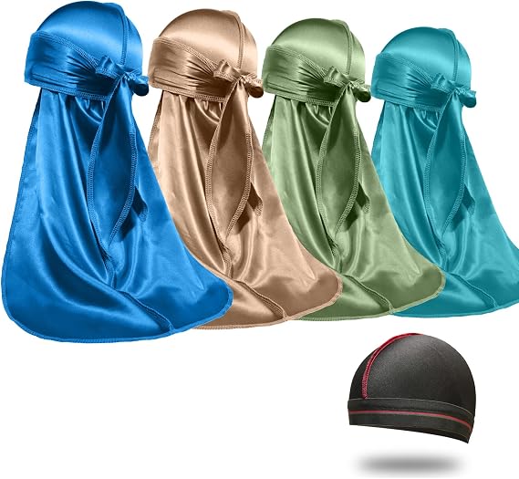 ForceWave 4PCS Silky Durags for Men Women 360 Waves with 1 Wave Cap | Silky Satin Moisture-Tech Fabric, Extra Long Tails, Unisex Fit, for Workouts, Cycling and Wave Training
