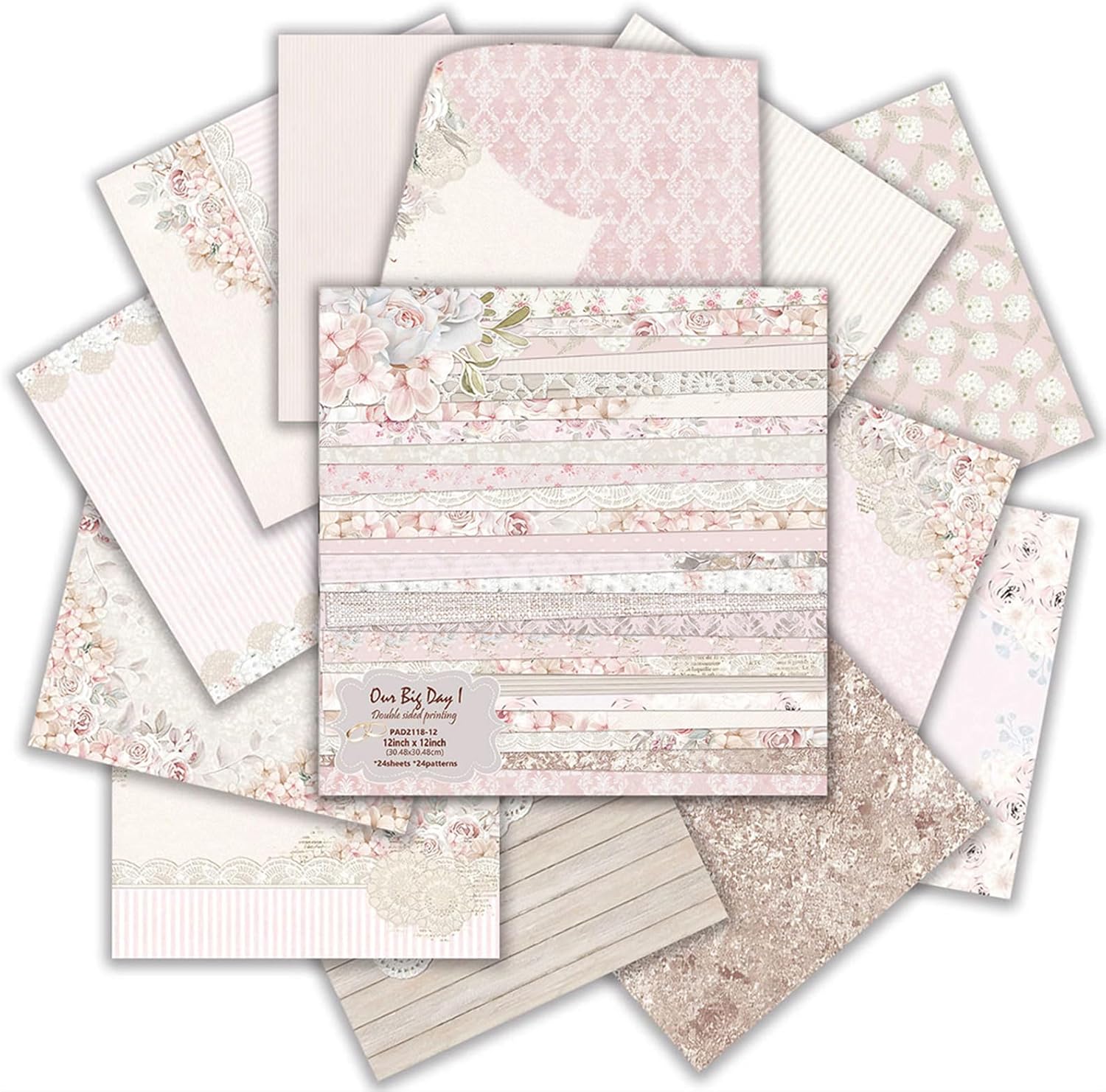 Scrapbook Papier 30.5x30.5cm 24 Blatt/24 Designs Doppelseitiges Blumen Muster Bastelpapier 160 g/m² Designpapier Motivpapier Buntes Dekorpapier zum Basteln für Scrapbooking DIY Kunstprojekt (Rosa)