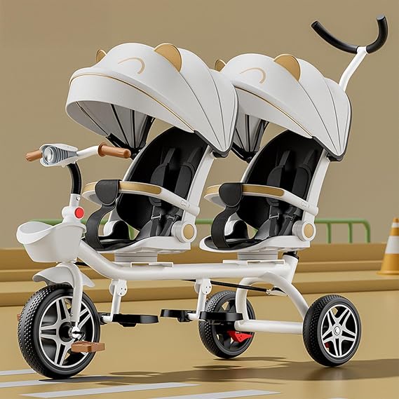 Double Baby Tricycle Stroller with Canopy, Adjustable Seat, 7 in 1 Multi-Function for Twins and Siblings