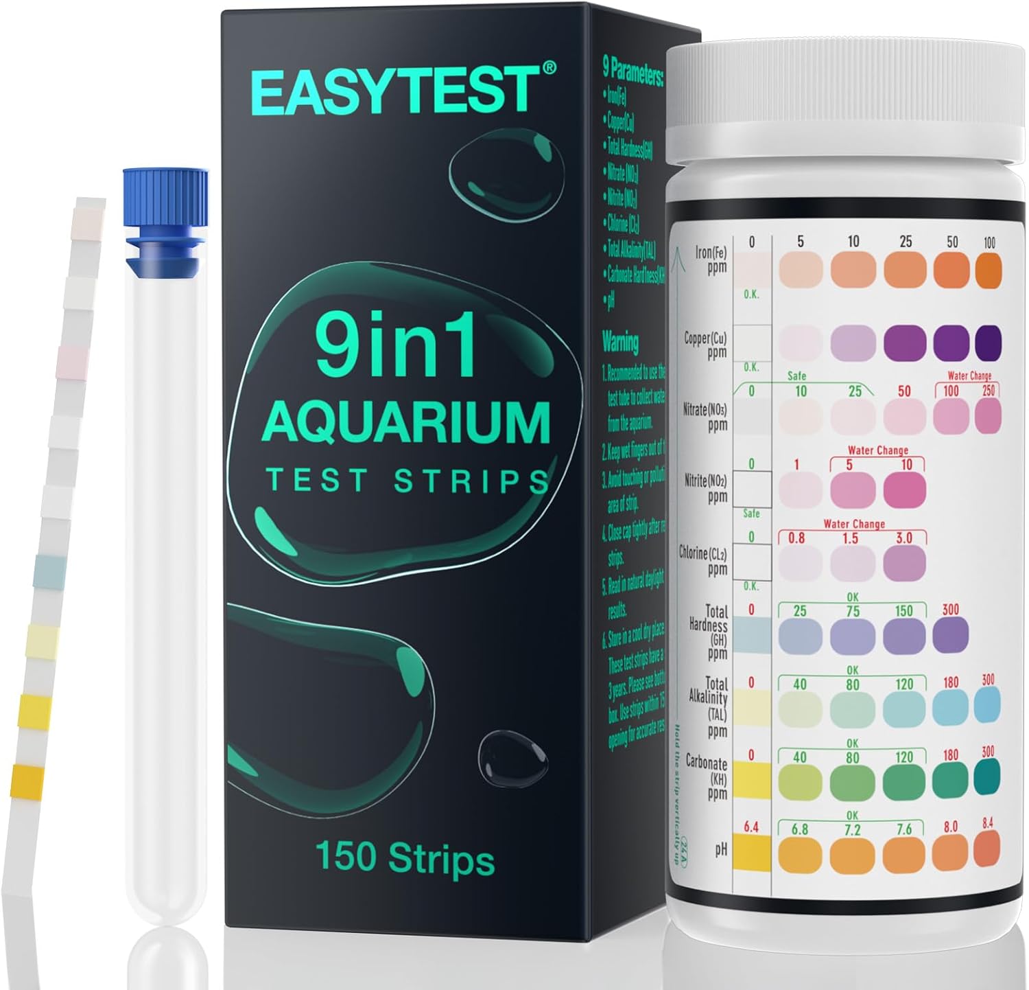 EASYTEST 9-in-1 Aquarium Test Strips - 150PCS Fish Tank Water Kit to Detect Total Hardness, PH, Nitrite, Nitrate, Chlorine, Alkalinity, Carbonate, Iron and Copper - Easy & Fast