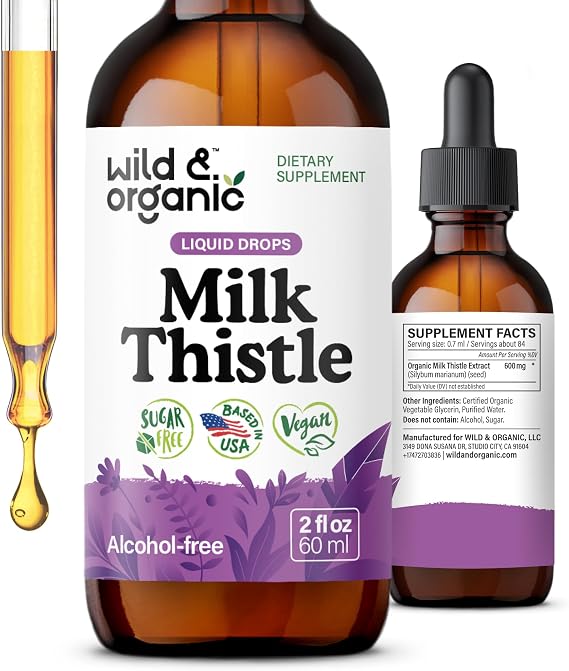 Wild & Organic Milk Thistle Extract Drops - Liver Cleanse Support - 2 fl oz | Milk Thistle Liver Detox Tincture - Liquid Silymarin Supplement - Add to Tea - Silybum Marianum Seeds - No Sugar & No Alcohol