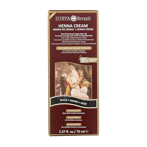 Surya Brasil - Henna Cream for Gray Coverage, Semi Permanent Natural Henna Deep Conditioning Hair Color Treatment, Black, 2.37 oz / 70 ml
