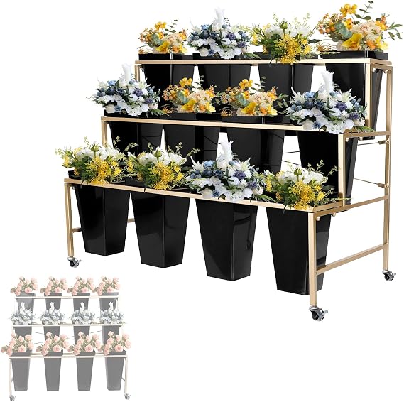Flower Display Stand with 12 Buckets, 3 Layers Moving Florist Bouquet Shelf, Heavy Duty Moving Plant Cart Shelf, for Indoor, Outdoor Patio Garden, Living Room, Florist (White - Square Bucket)