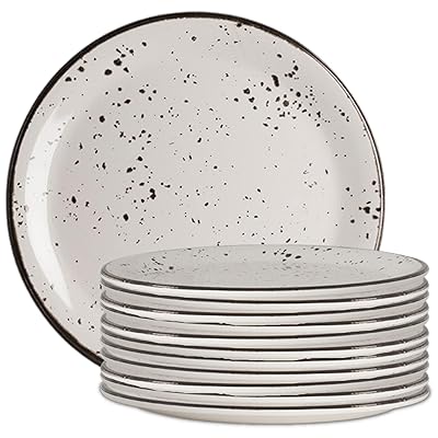 Creations Melamine Dinner Plates, Steelite Heavy Duty Break Resistant Commercial Foodservice Restaurant Grade, Urban Snow Coupe 10 Round, Black Rimmed, Rustic Flecked, Indoor Outdoor, 12 Set, White