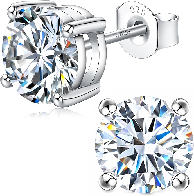Impalsory Moissanite Stud Earrings for Women and Men, 925 Sterling Silver Hypoallergenic Earrings, 18K White Gold Plated, Secure Friction Back, Brilliant Round Cut D Color VVS1